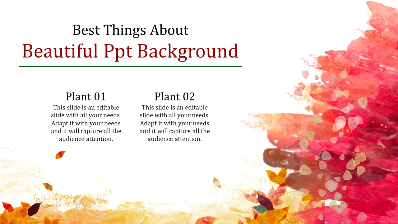 Background of blended red and yellow watercolor splashes with falling leaves and two text placeholders in the center.