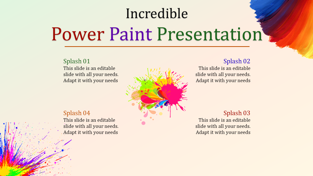 Creative layout with multicolored paint splashes and editable caption areas around a central splash.