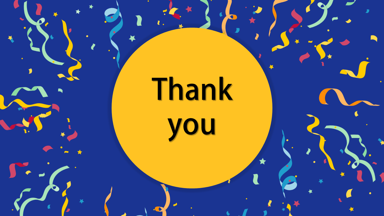 Thank you slide with a large yellow circle at the center and colorful confetti on a blue background.