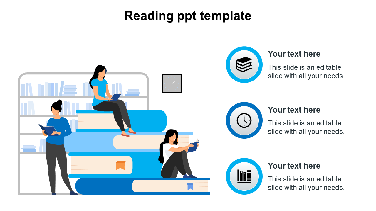 Illustration of people reading and sitting on large stacked books, with three text areas, all in blue accents.