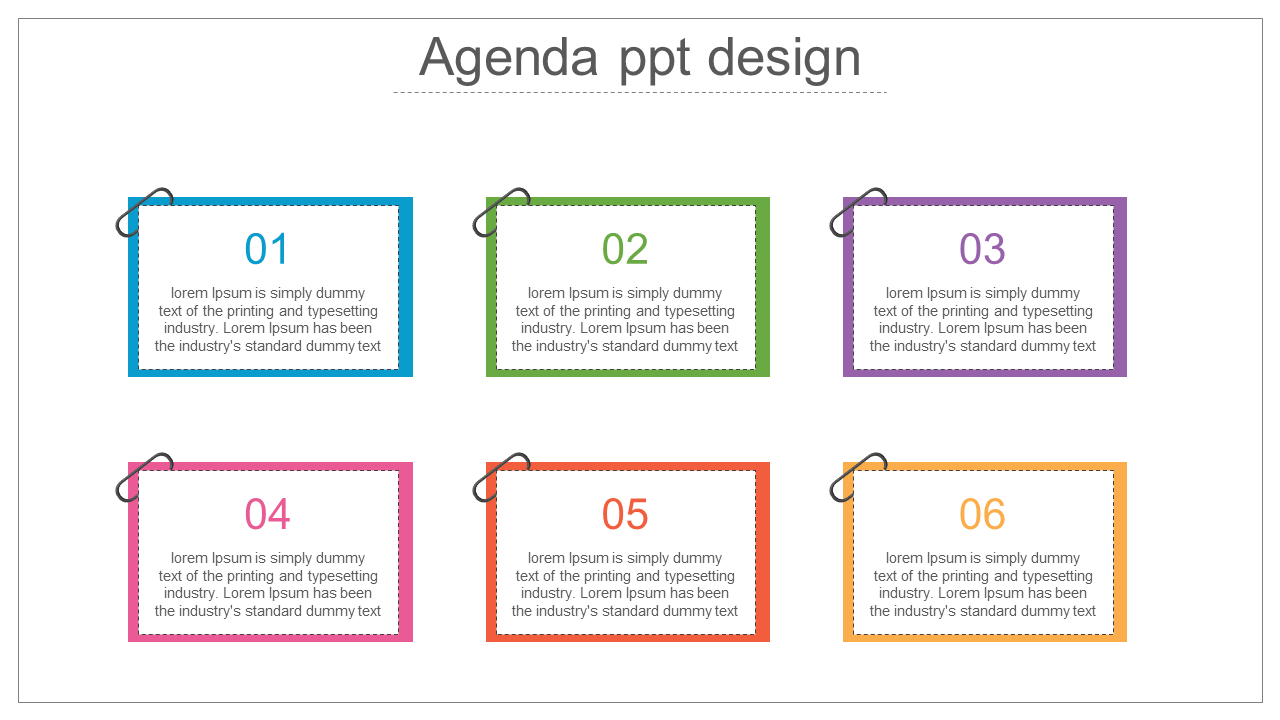 Agenda template with six numbered items, each with a placeholder text areas, presented in colored boxes with paper clips.