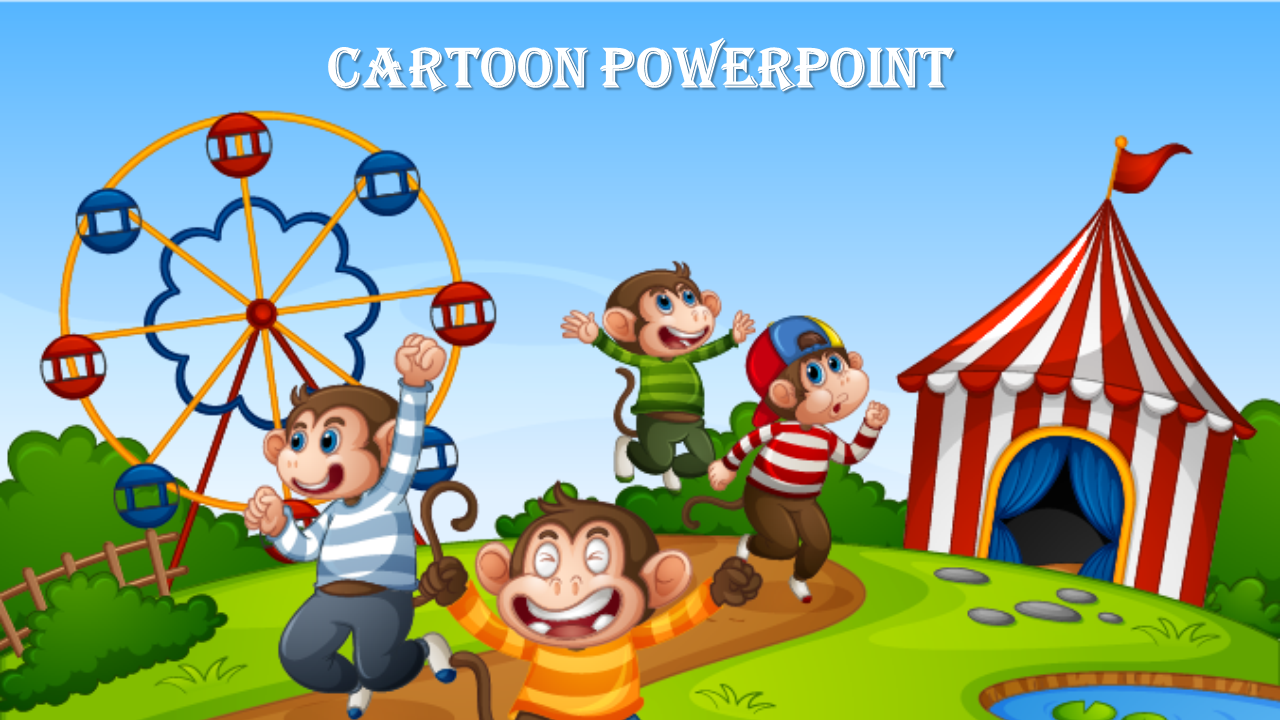 Playful cartoon scene with monkeys in colorful outfits, a ferris wheel, and a striped circus tent on a grassy hill.