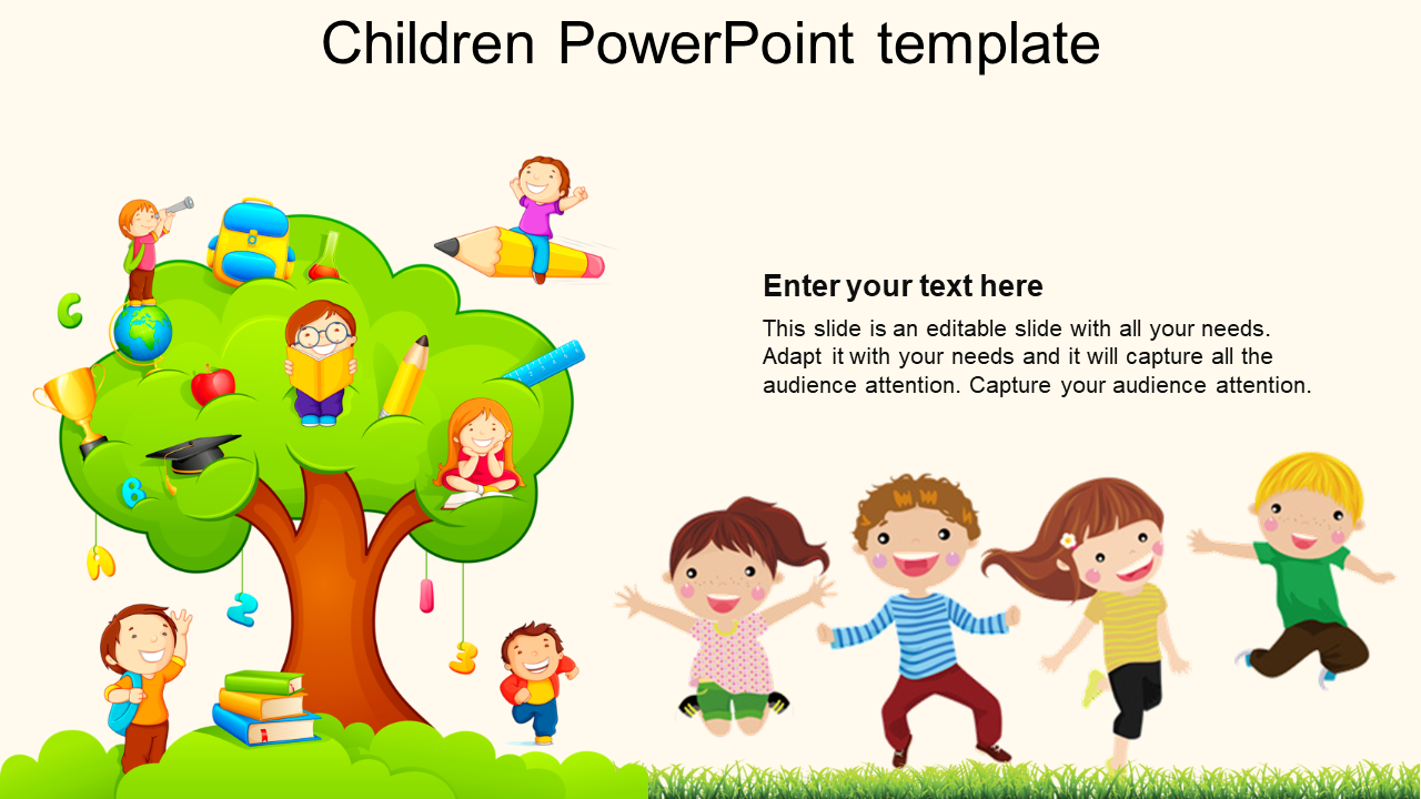 Colorful children-themed template featuring kids playing around a tree filled with educational icons and text area.