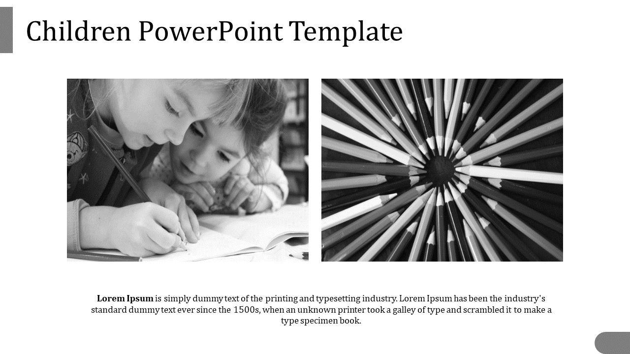 Grayscale children slide with photos of two kids reading on left and a circular pencil arrangement on the right.