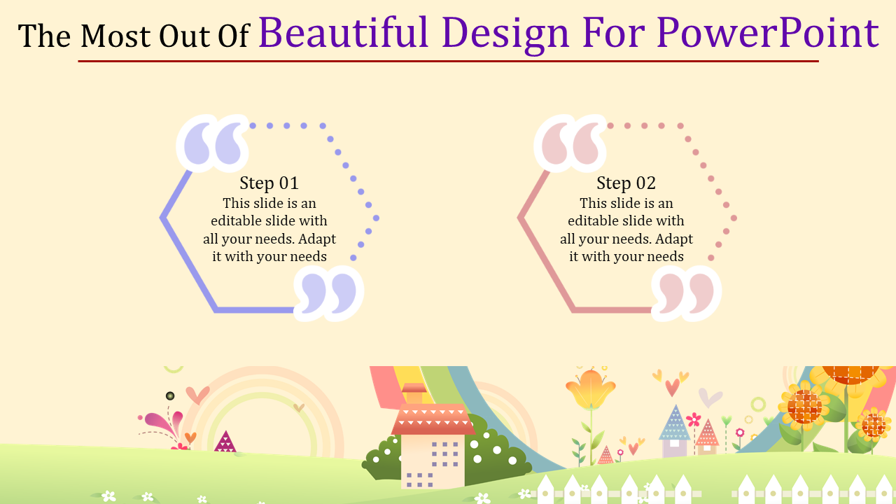 Colorful PowerPoint slide with two steps, quote icons, and a vibrant nature themed background.