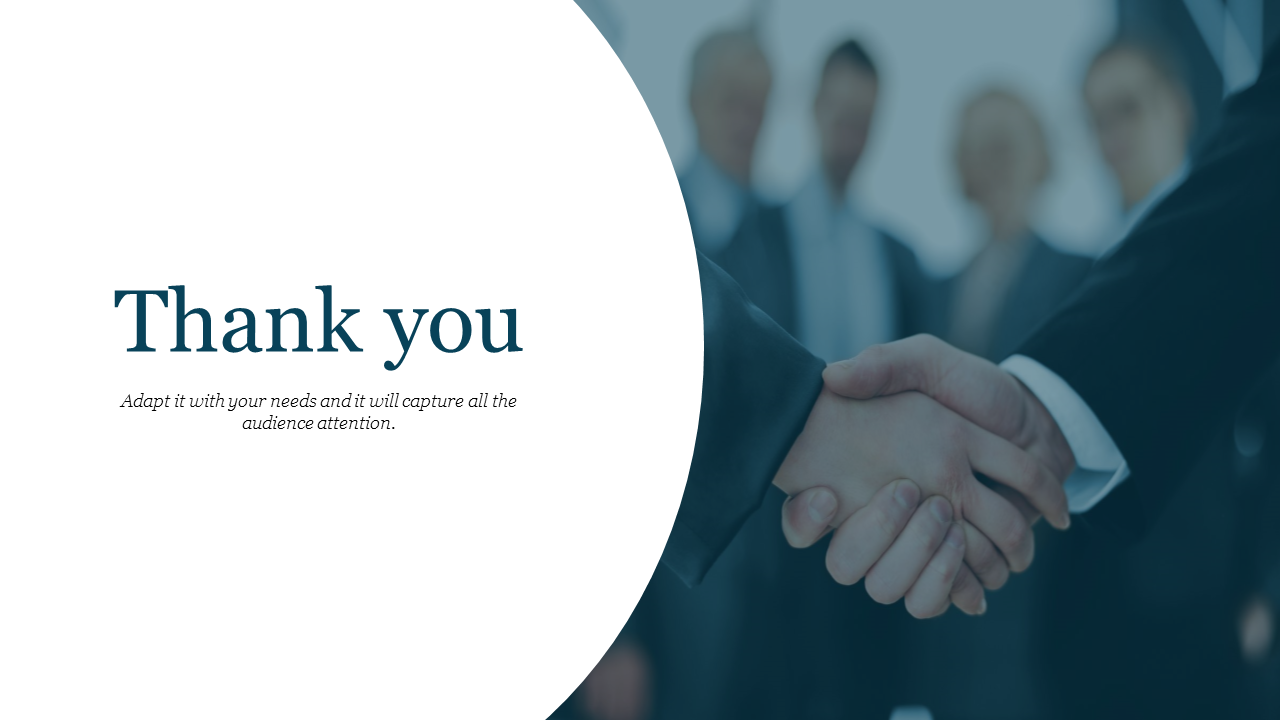 Professional thank you slide design featuring a handshake with a blurred background and a message.