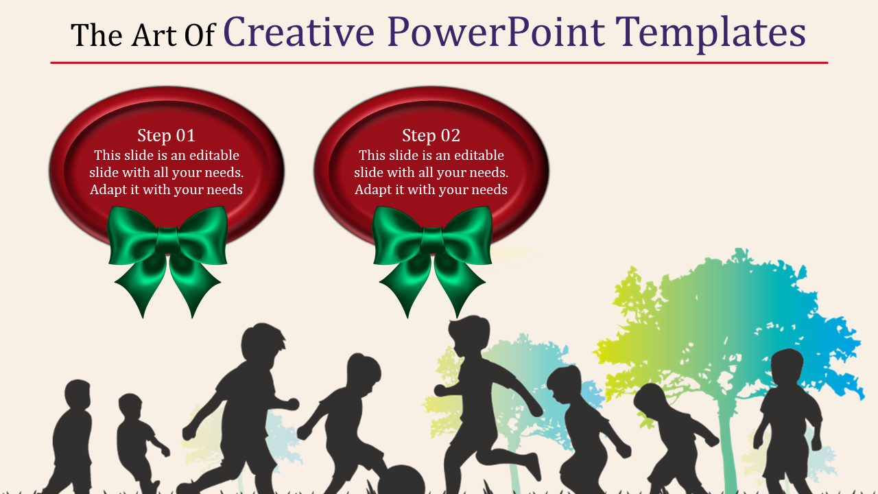 Creative PowerPoint slide with two steps and silhouettes of children playing soccer against a colorful background.