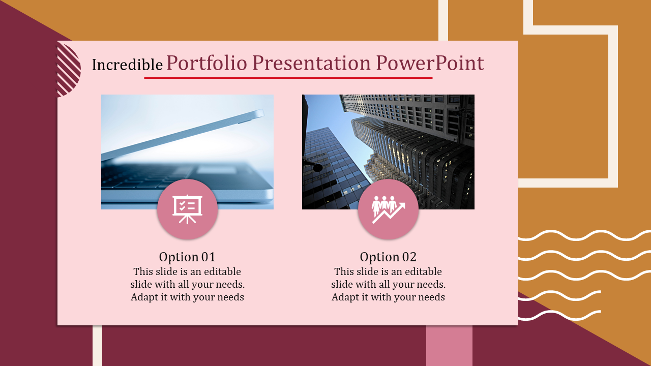 Creative PowerPoint template showing a laptop and skyscraper images, with options and icons.