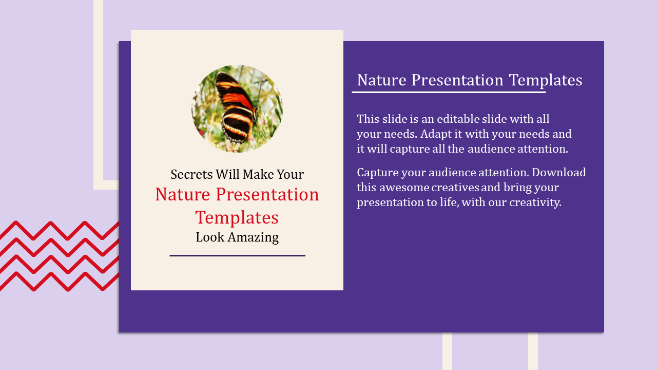 Nature-themed slide with a butterfly image on a light cream background and purple placeholder  text area.