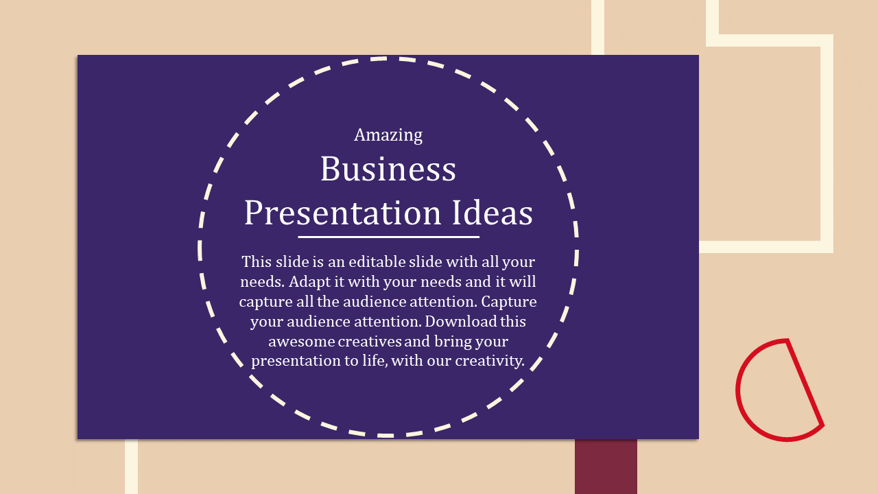 Slide with a purple box featuring white dashed circle lines and text for business presentation ideas on a beige background.