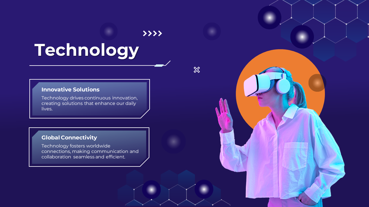 Sliide with a woman in VR gear, featuring a vibrant orange circle, hexagonal patterns, and text boxes on a purple background.