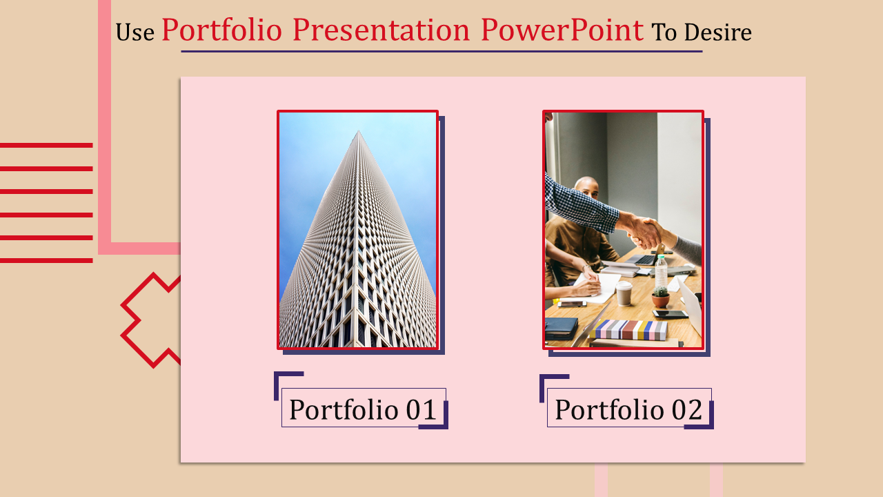 Creative Portfolio PowerPoint slide with two portfolio examples a skyscraper and a business meeting with a handshake.