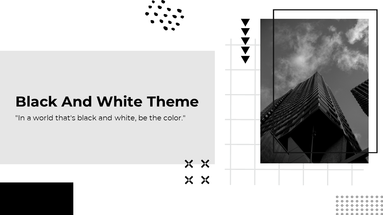 Black and white template with abstract patterns and a photo of skyscrapers under cloudy skies.