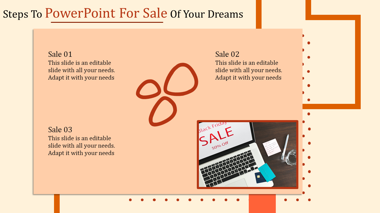 A slide with minimalist layout featuring three sales steps, abstract icons, and a photo of a sale on a laptop screen.