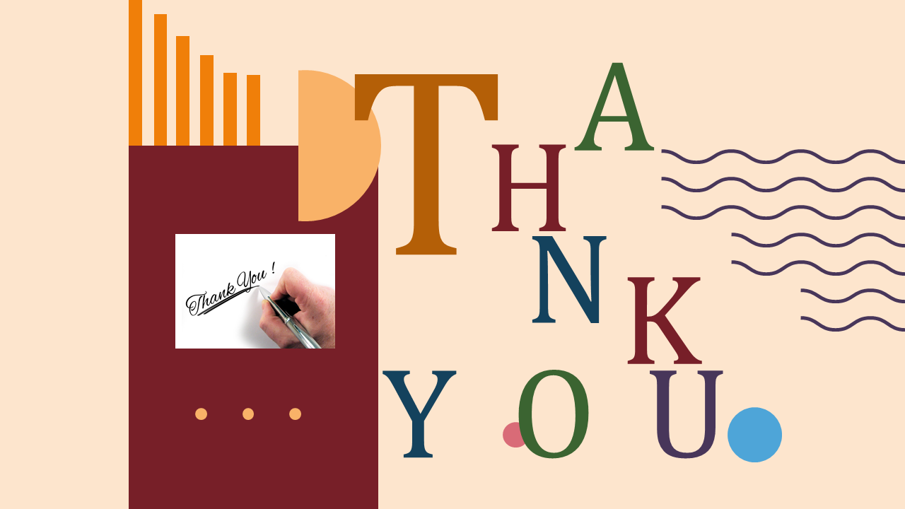 Thank you slide with colorful letters and handwriting on a notepad.