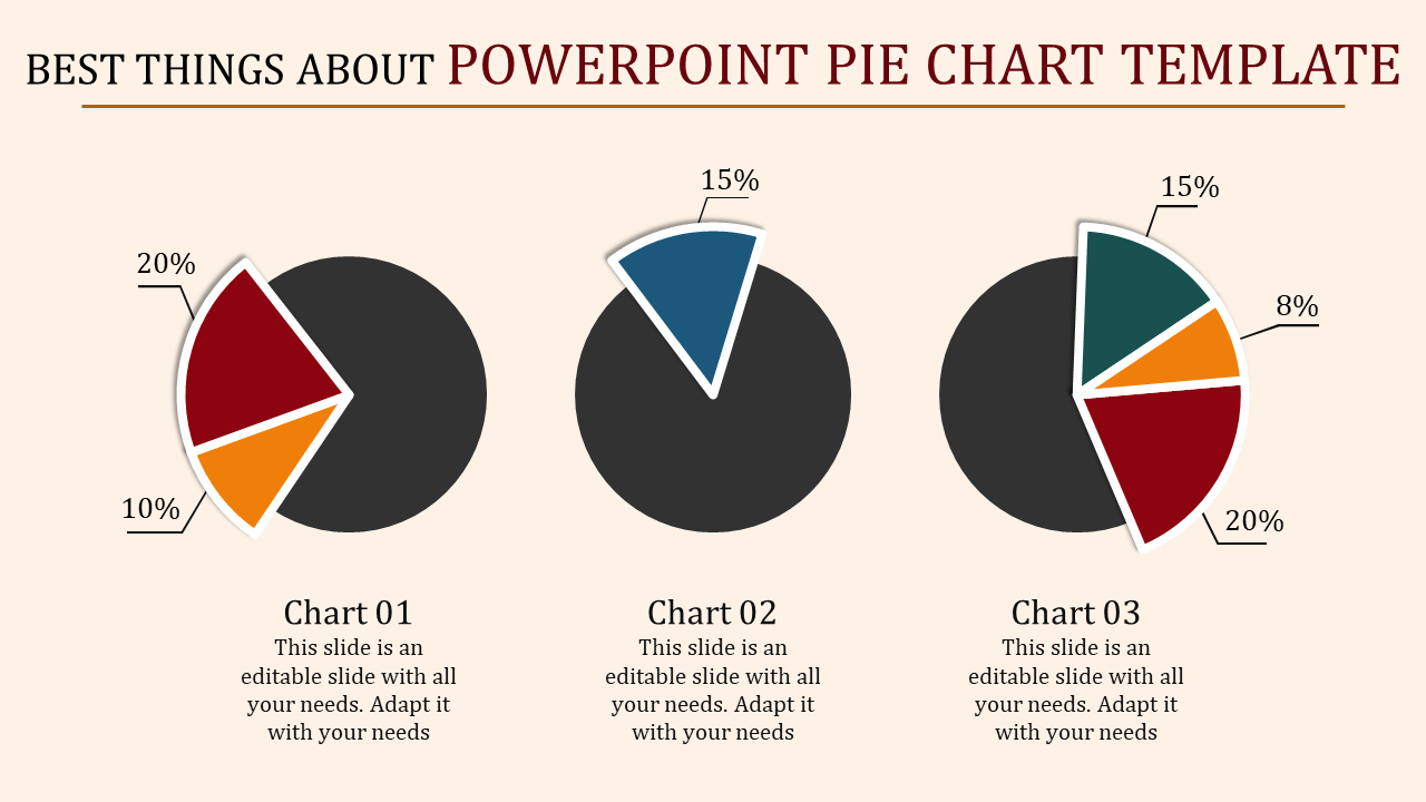 Three pie charts with segmented sections and percentage labels, each chart featuring placeholder text below.