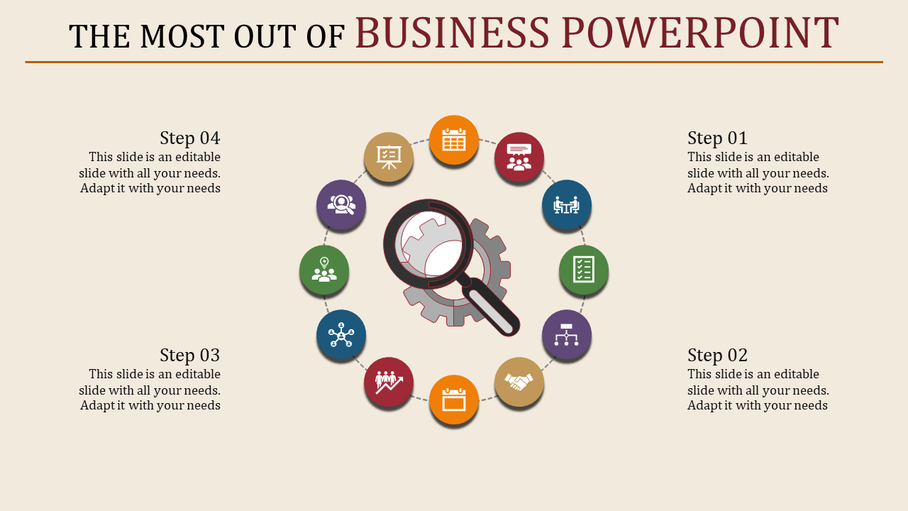 Infographic style business slide with four steps in a circular layout, featuring icons representing business concepts.