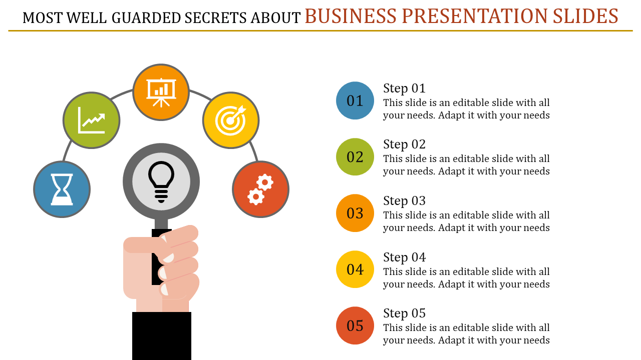 Business PPT slide with icons representing various steps, including analysis, strategy, and solutions with placeholder text.