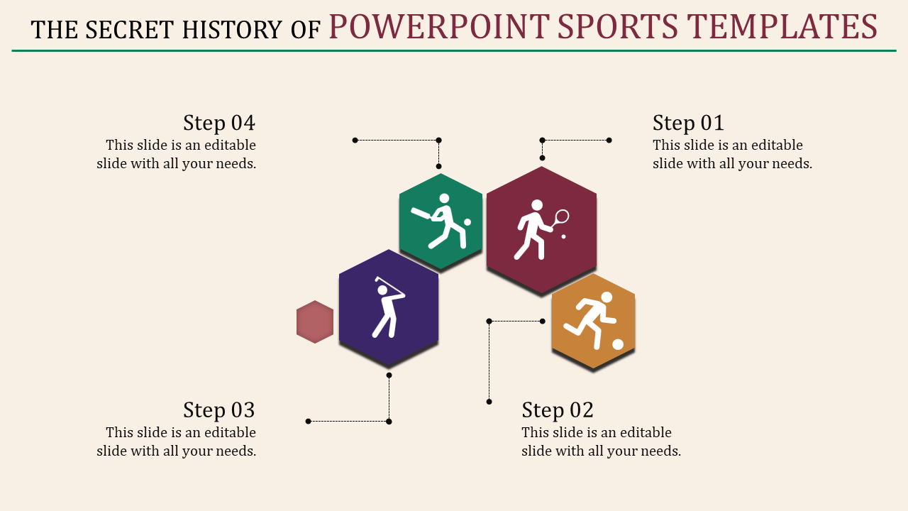 Sports icons in green, red, purple, and orange hexagons connected by dashed lines on a light beige background.