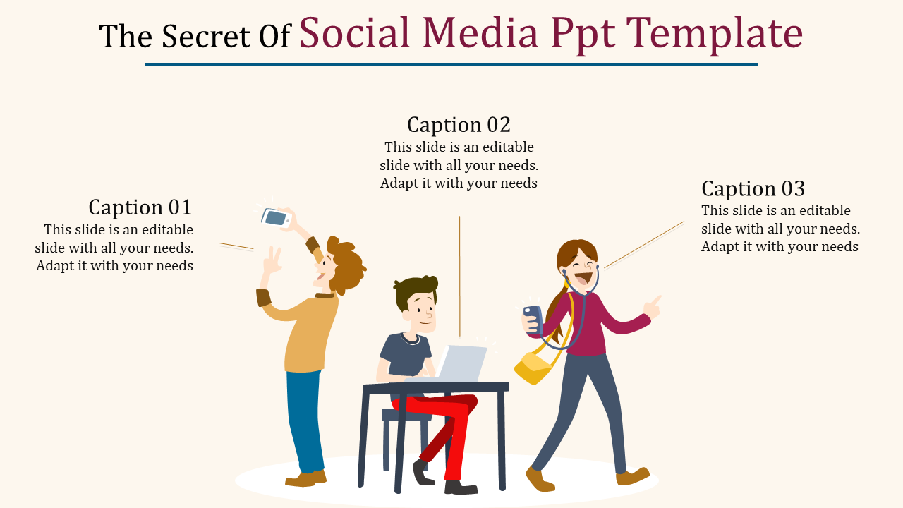 Social media illustration with three character interacting a selfie taker, a laptop user, and a headphone wearing individual.