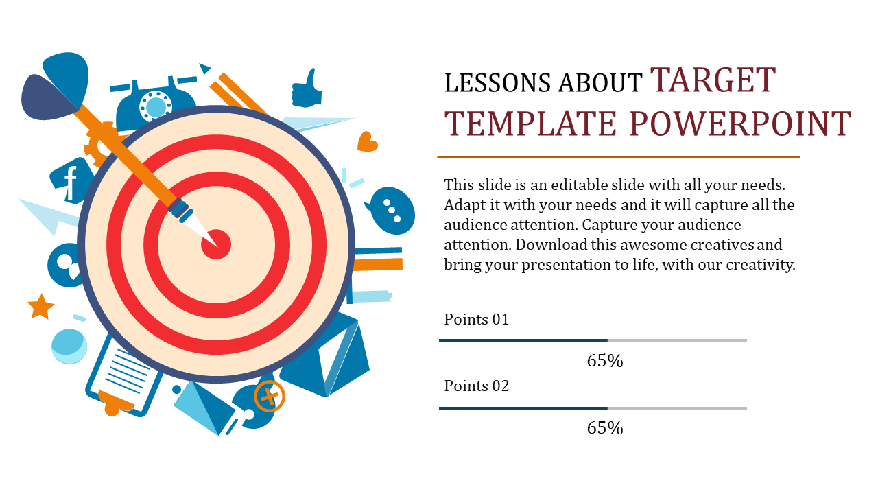 Target graphic with an arrow in the bullseye, surrounded by icons for communication and media, and two progress bars.