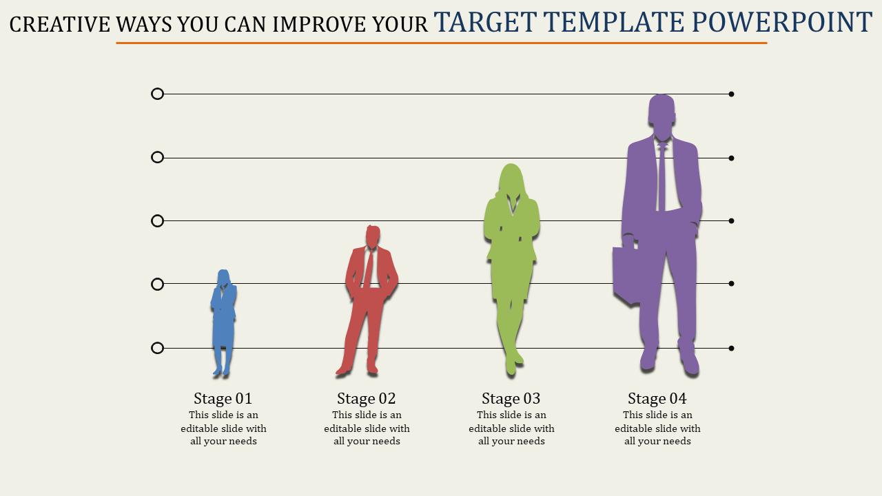 Four silhouettes of business figures in blue, red, green, and purple, increasing in size, with captions below.