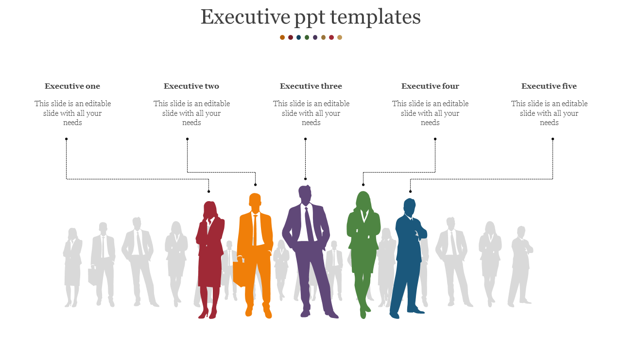 Professional executive PowerPoint template showcasing five color coded silhouettes with text placeholders for descriptions.