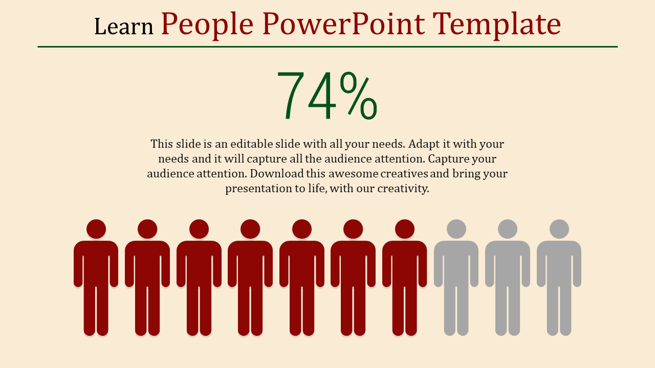 PowerPoint slide showing a group of people icons, with a bold 74 percent figure above them with placeholder text.