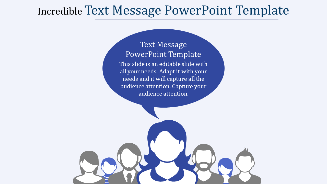 Text message PowerPoint template with a speech bubble and a group of people icons.