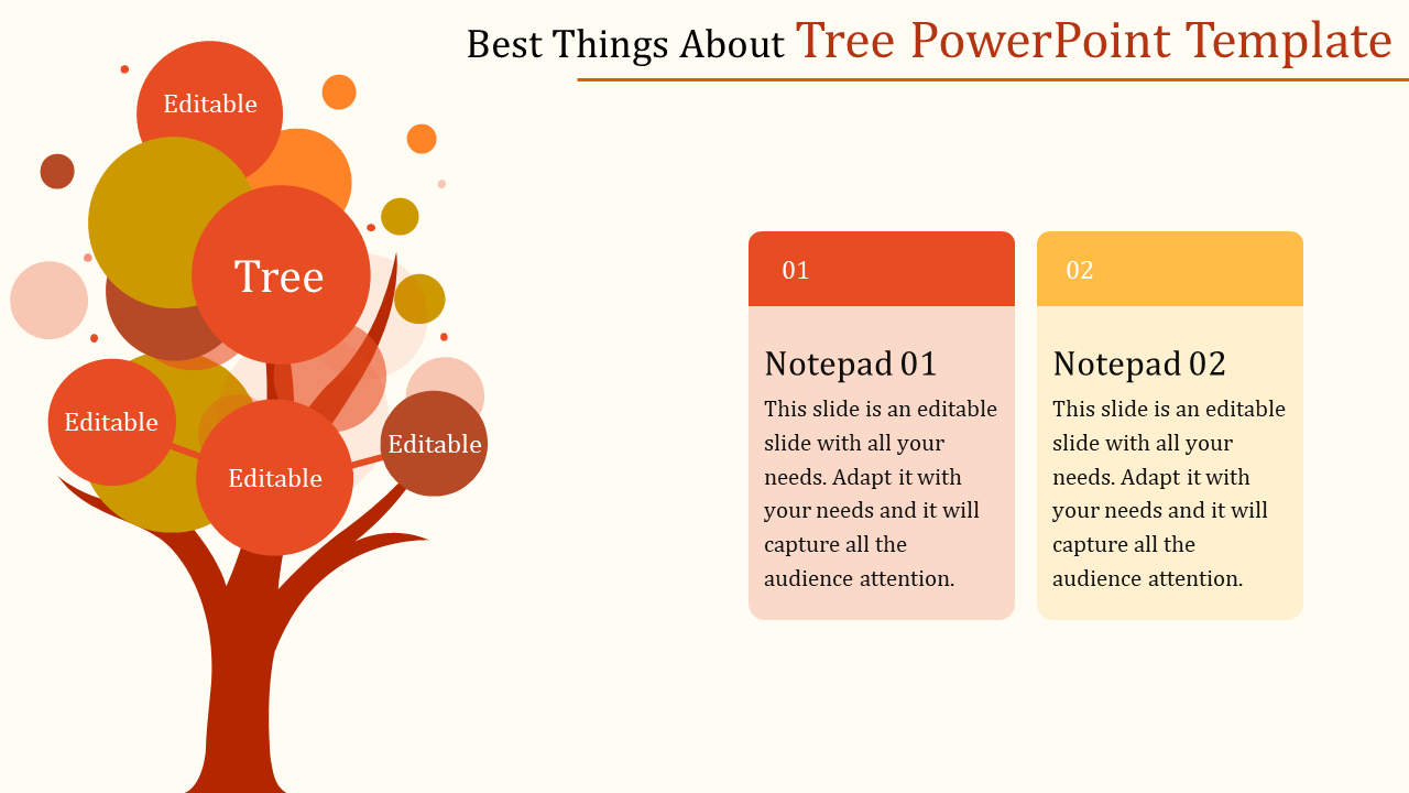 Tree PowerPoint template with circles and notepad sections with placeholder text.