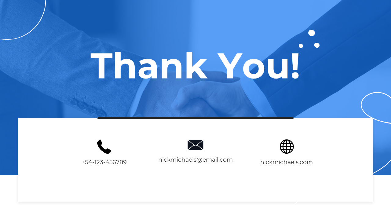 Thank You slide with a handshake, featuring contact details such as phone number, email, and website.