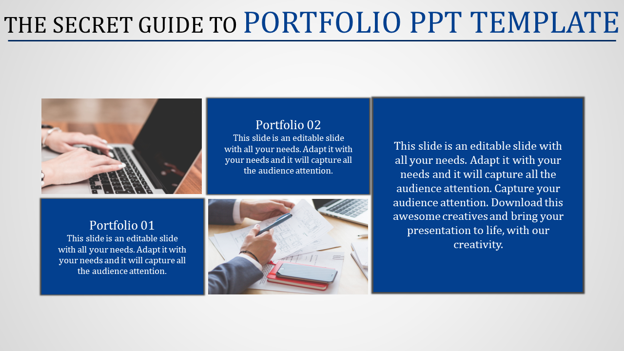 Portfolio slide with a grid layout featuring images of hands working on laptops and documents, alongside blue text blocks.