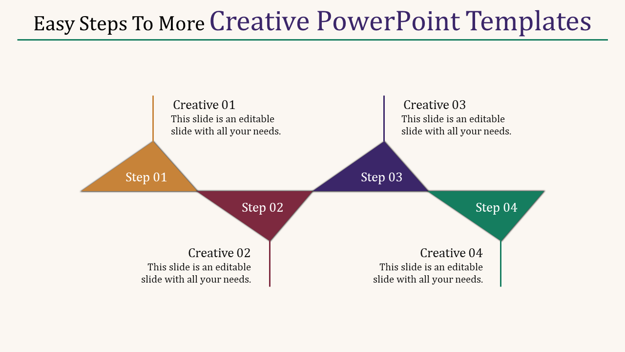 Step by step creative PowerPoint template with colorful triangles and sections with placeholder text.