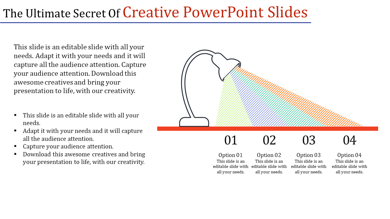 Slide featuring a lamp projecting colorful beams, highlighting four numbered sections on a horizontal red base.