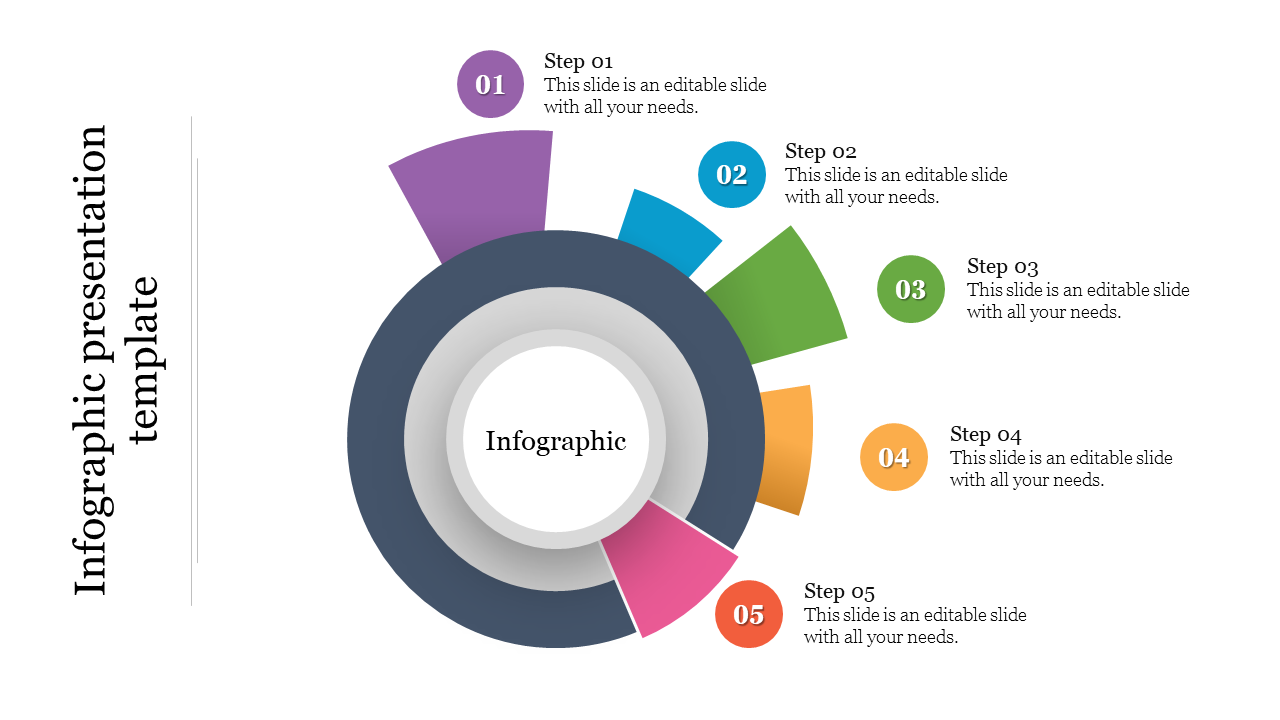 Circular infographic design with five colorful segments in purple, blue, green, yellow, and pink arranged around a center.