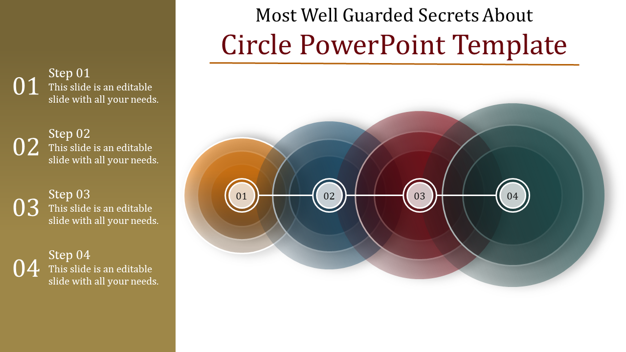 PowerPoint slide featuring a series of overlapping circles in different colors with four steps with placeholder text.