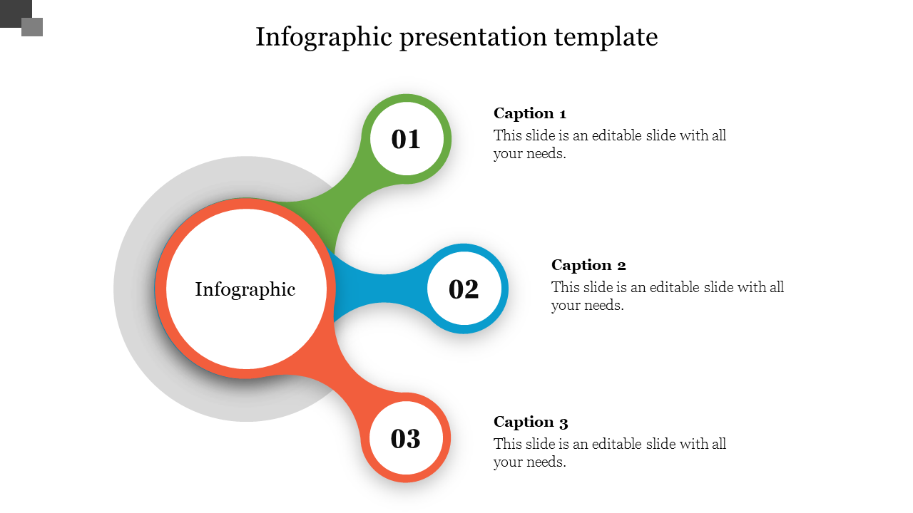 Infographic PowerPoint template featuring three interconnected circles with numbered sections and captions.