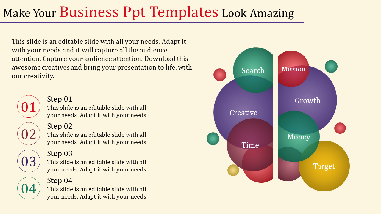 Creative layout with labeled bubbles for business concepts and a numbered list of steps on a light beige background.