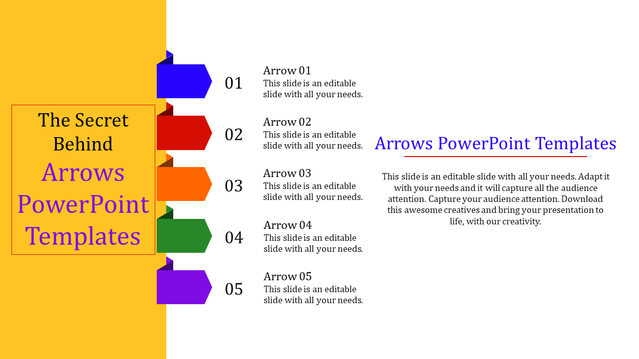 PPT slide showcasing colorful arrows, each pointing to a different step in a process with placeholder text.