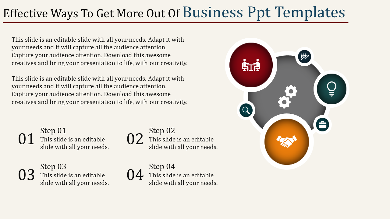 Central circular layout with icons representing business concepts, complemented by a four-step process below.