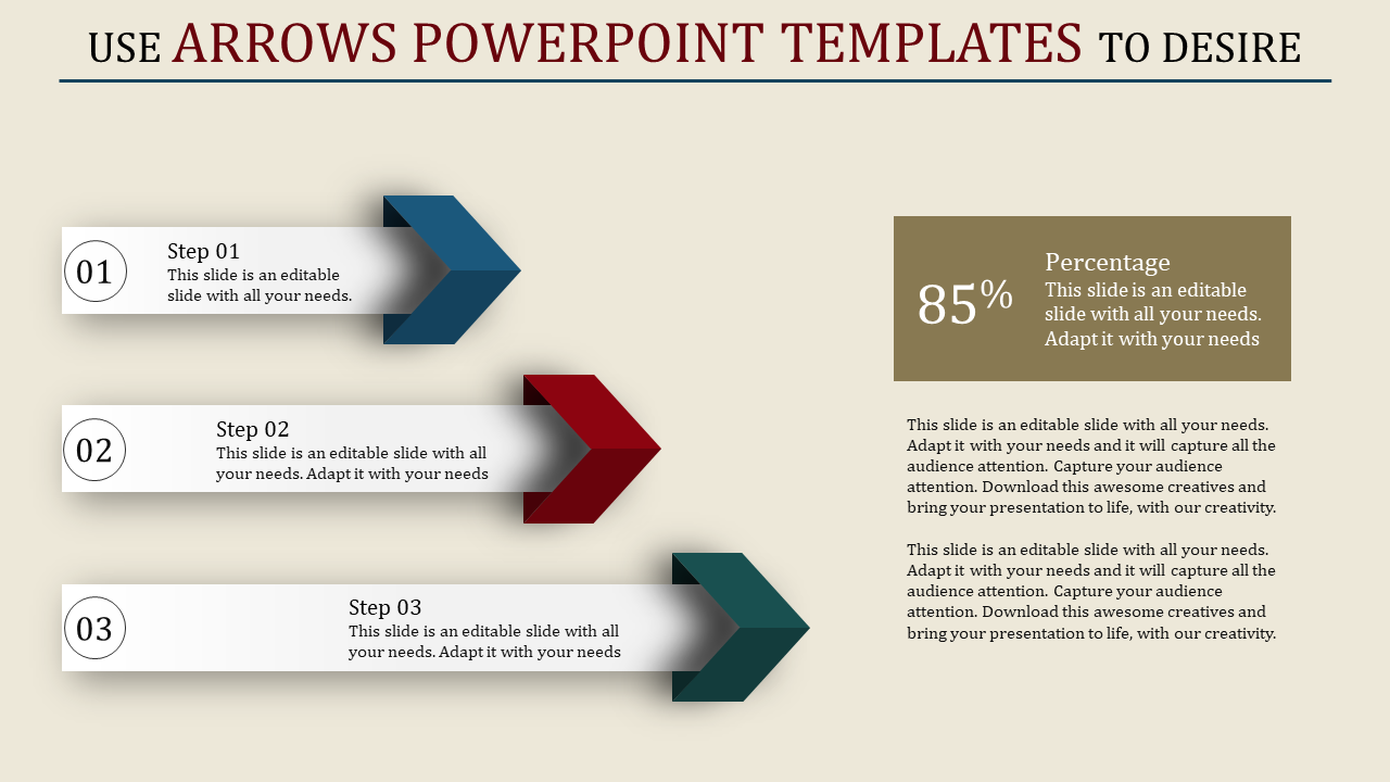 PPT slide showcasing a process flow with colored arrows for steps 01, 02, and 03, along with an 85 percent completion marker.