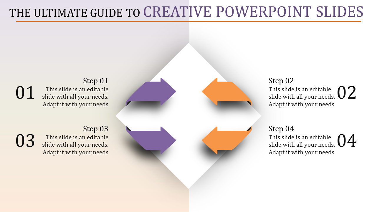 Creative slide with a central diamond shape featuring purple and orange arrows, and with four numbered captions.