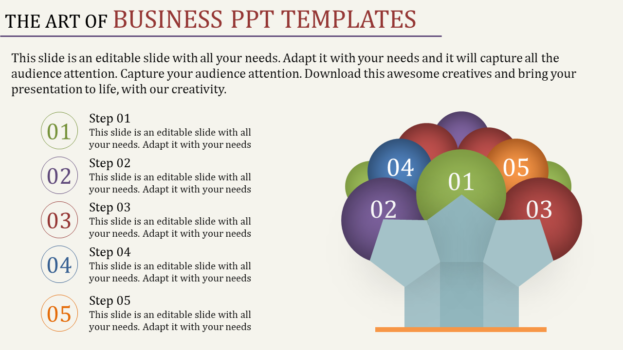 Business template featuring colorful numbered balloons and matching step descriptions on the side.