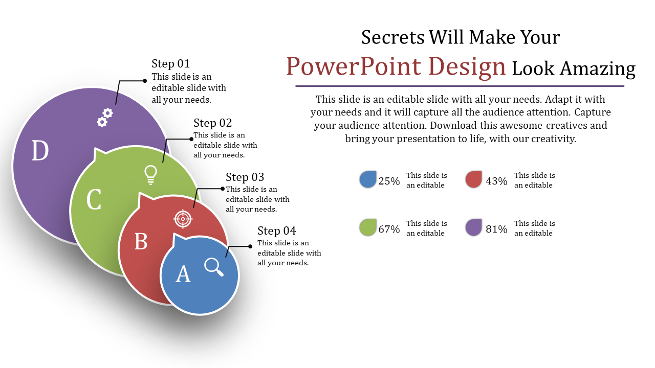 PPT slide featuring a circular diagram with four steps labeled A, B, C, and D, and a percentage bar on the right side.