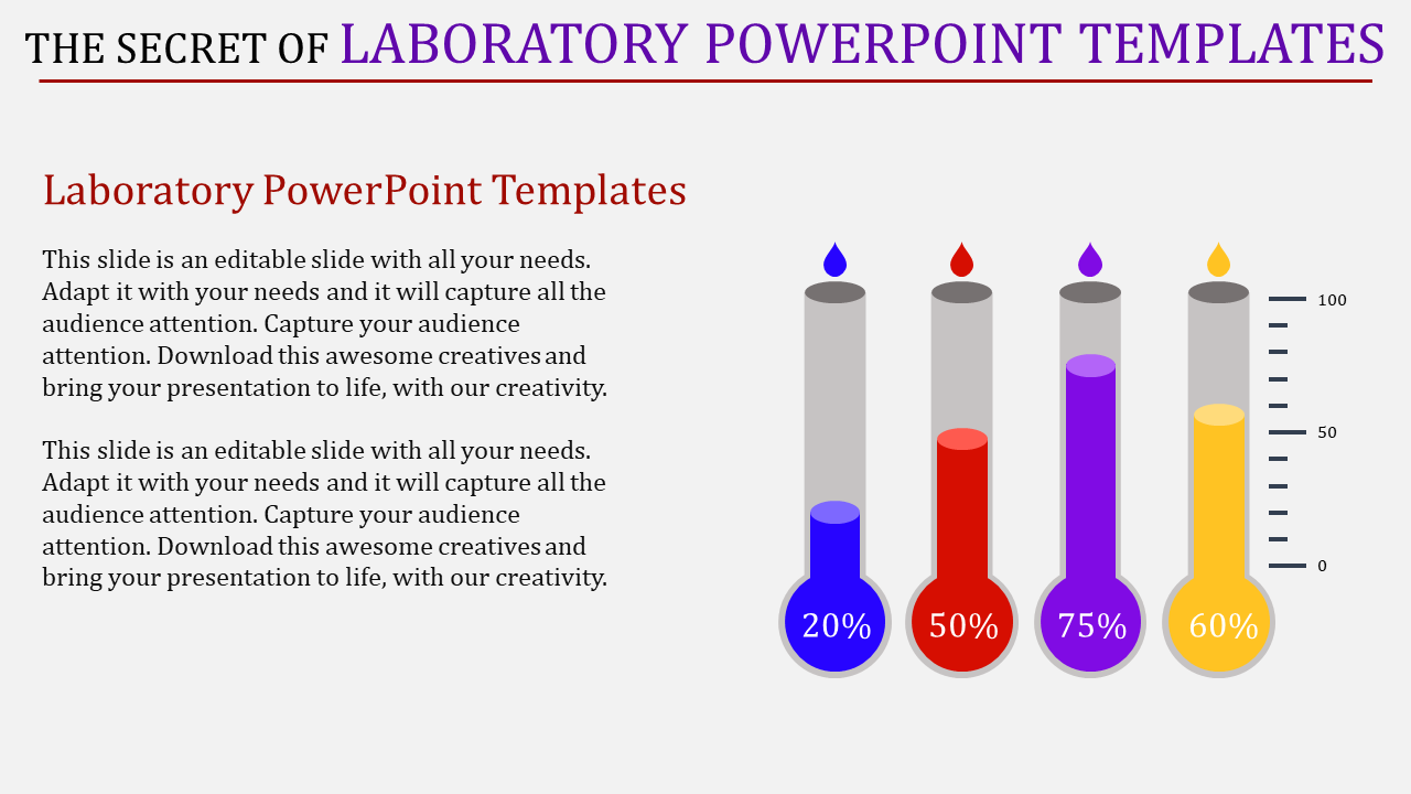 Four vertical test tube graphics filled with fluids in blue, red, purple, and yellow, with percentage labels at the bottom.