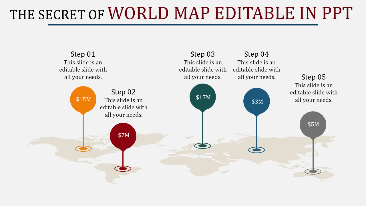 World map with five markers, labeled with amounts of $15M, $7M, $17M, $3M, and $5M, indicating different steps.