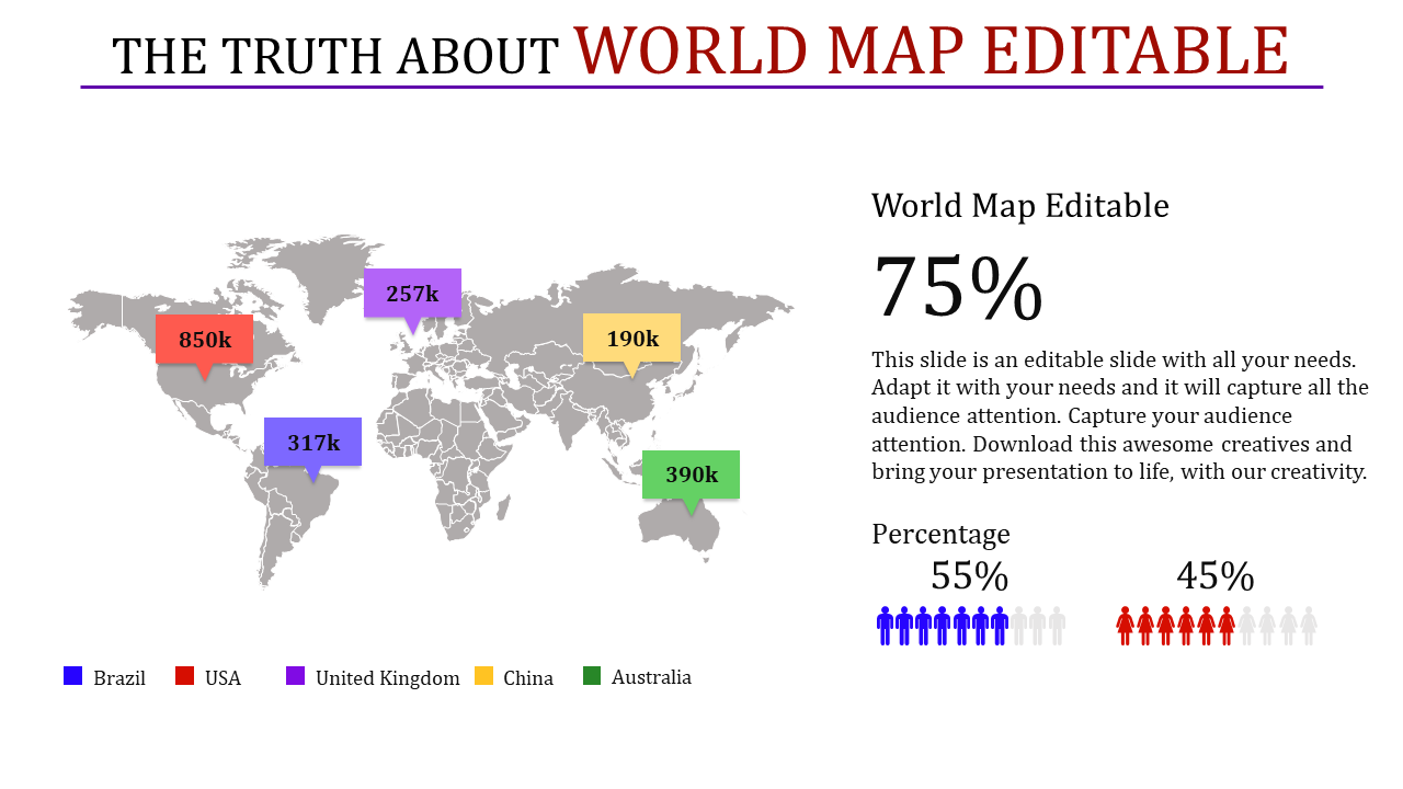 World map PowerPoint slide with highlighted countries and percentage statistics with placeholder text.