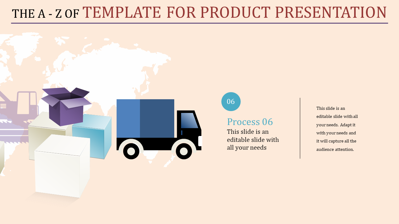 Product presentation template with boxes and a truck illustration with placeholder text.