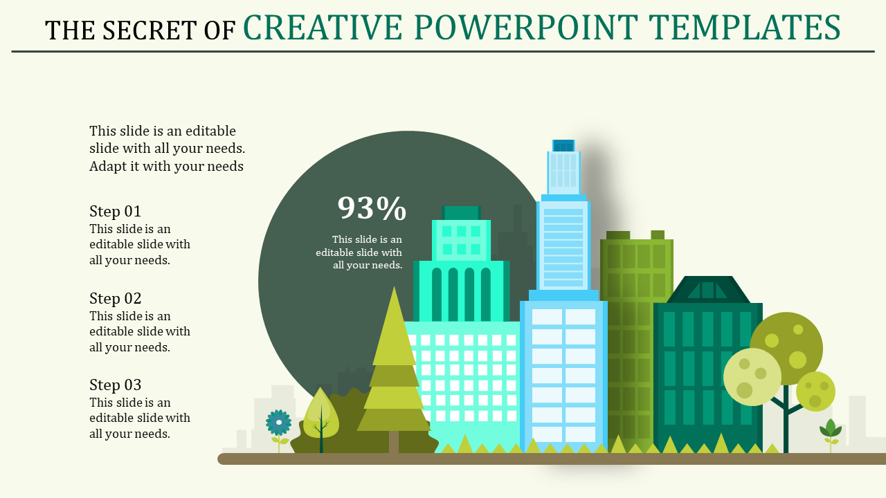 PowerPoint template with city buildings and percentage graph along with step instructions.