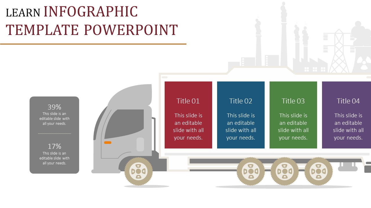 A truck graphic with four colorful sections on the container, each labeled with titles and additional gray percentage stats.